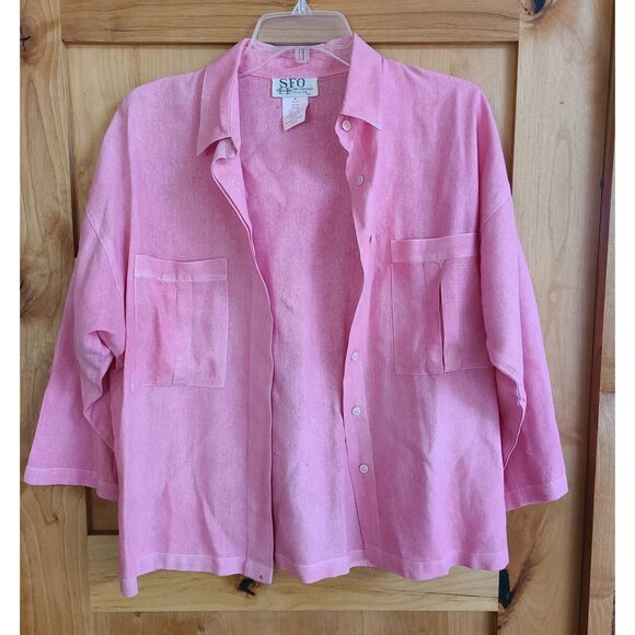 Vintage SFO 100% Linen MEDIUM Pink Button Shirt Top 3/4 Sleeve Girly Feminine M - Picture 3 of 7